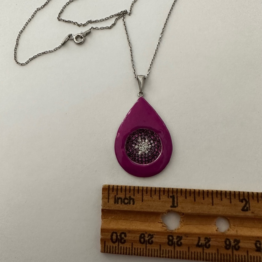 🧿925 Silver evil eye cz stones handmade purple enamel necklace - Picture 2 of 6